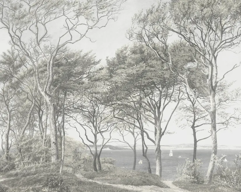 Coastal woodland wallpaper mural with grey trees, sandy path, sea horizon and small white sailboats