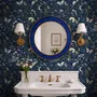Midnight navy moody botanical wallpaper with lavender butterflies, ivory moons, gold stars, flowers and mushrooms