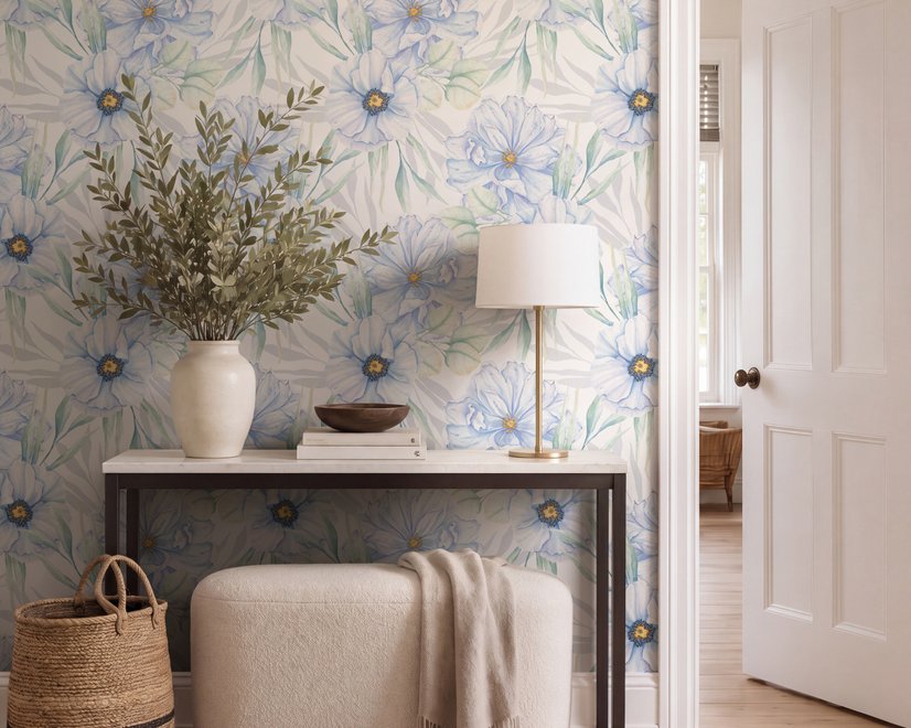 Blue floral wallpaper with watercolour anemone blooms, mint sage leaves and yellow ochre centres on white