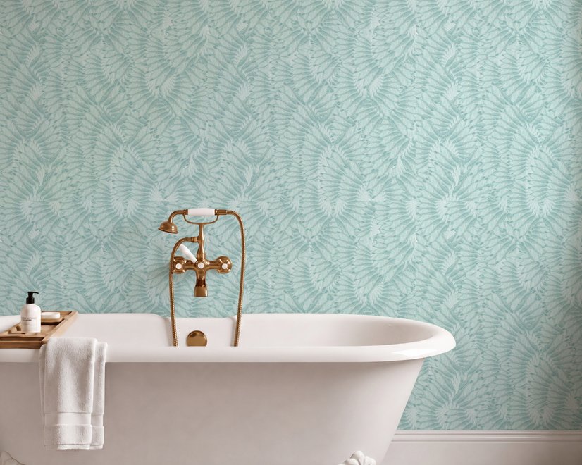 Aqua fern wallpaper with overlapping icy blue palm fronds on a pale aqua ground