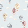 Hot air balloon wallpaper with watercolor balloons, ivory clouds and peach gold stars on pale powder blue