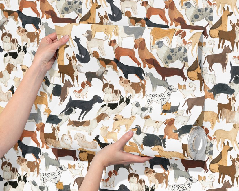 Zoomie kids wallpaper with painted dog breeds in tan, brown, black and grey on white