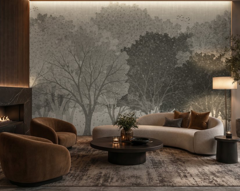 Light gray wallpaper mural with layered ink-wash woodland trees, falling leaves and birds