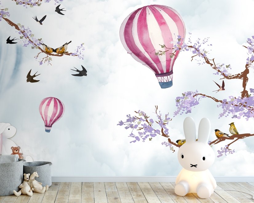 Kinder Fototapete Heißluftballon mit lila Blüten