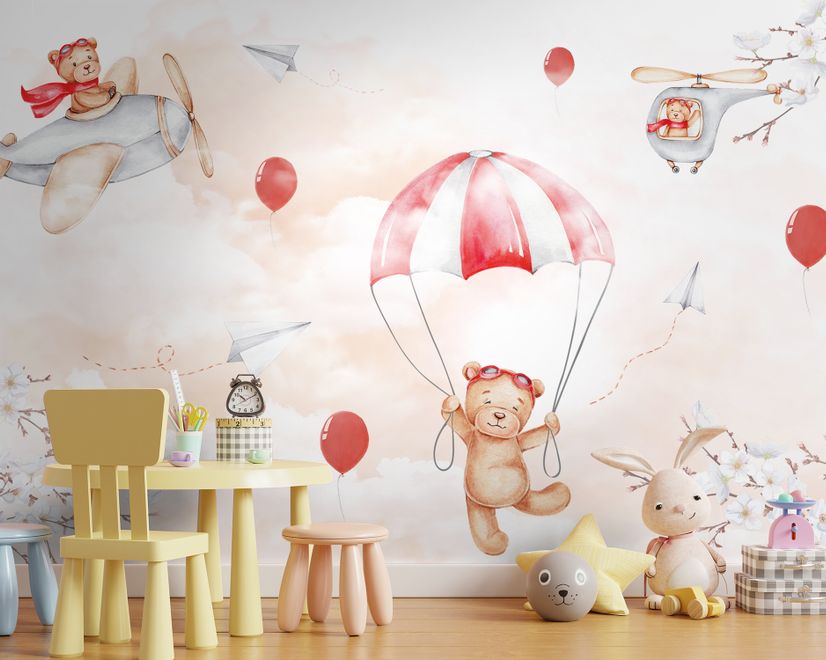 Cute Bear Flying with Paper Planes Wallpaper Mural