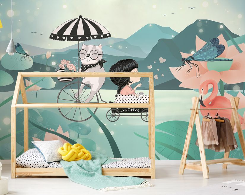 Cute Little Girl with Cat and Pink Lotus Cartoon Wallpaper Mural for Girls Room