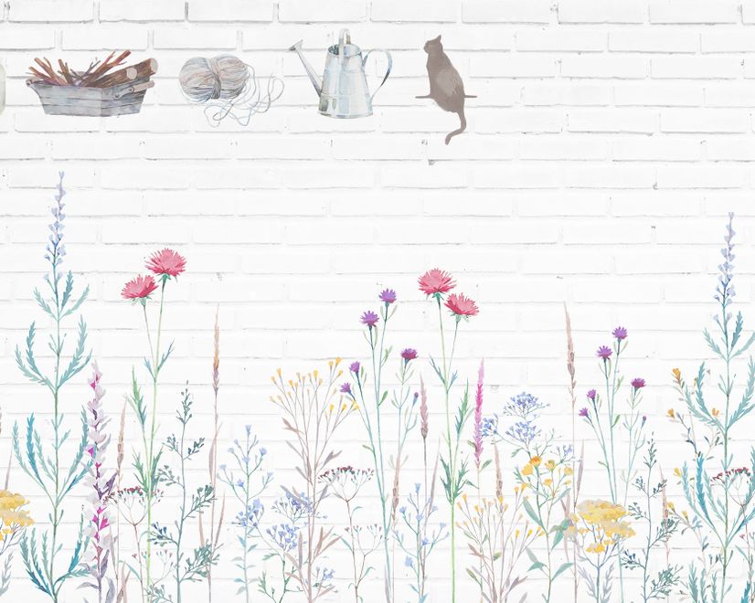 Watercolor Colorful Floral with White Brick Wall Wallpaper Mural