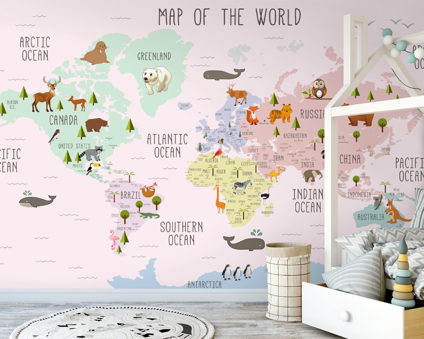 Kids Nursery Educational Continent World Map Wallpaper Mural