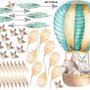 Kids Watercolor Hot Air Balloon with Animals and Colorful Feathers Wall Decal Sticker