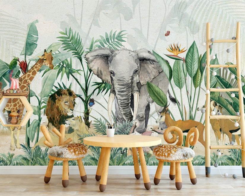 Kids Tropical Safari Animals with Green Leafs Wallpaper Mural