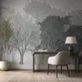 Light gray wallpaper mural with misty forest trees, falling leaves and birds