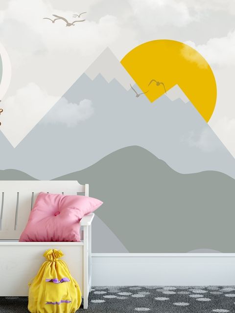 Papier peint panoramique pour la chambre d'enfant, paysage de montagne avec montgolfière