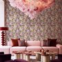 Bold wallpaper for powder room with pop art female faces, pink flowers, black comic panels, mustard, teal and fuchsia details