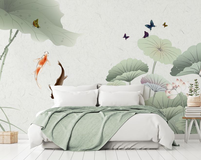 Watercolor Lotus Flower and Butterflies Wallpaper Mural