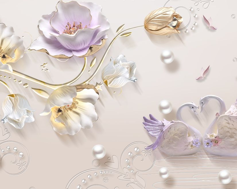 3D-Prägedesign Tulpenblüten mit Schwan Fototapete