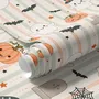 Cute autumn wallpaper with white ghosts, orange pumpkins, black bats and sage striped background
