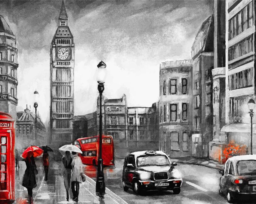 Monochrome Charcoal City Landscape and Red Bus Wallpaper Mural