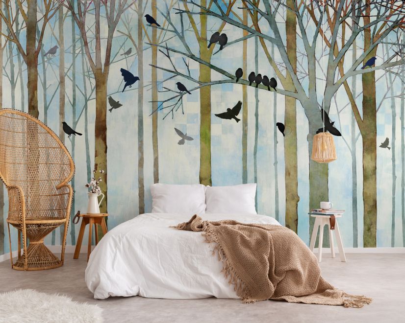 Vintage Abstract Forest and Black Bird Wallpaper Mural