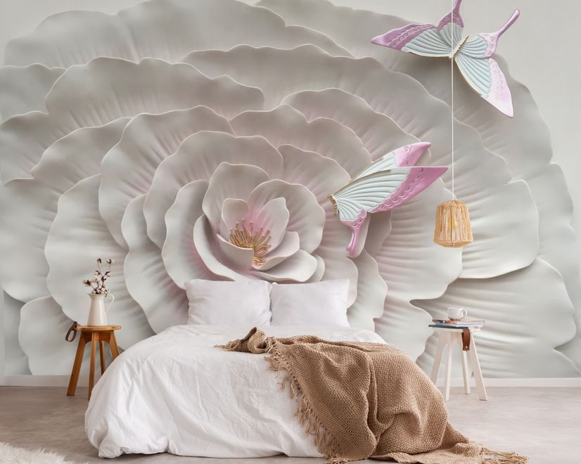 Papier peint panoramique fleurs et papillons en 3D, aspect gaufré
