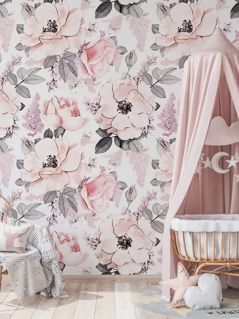 Kids Nursery Floral Pink Rose Pattern Wallpaper Mural