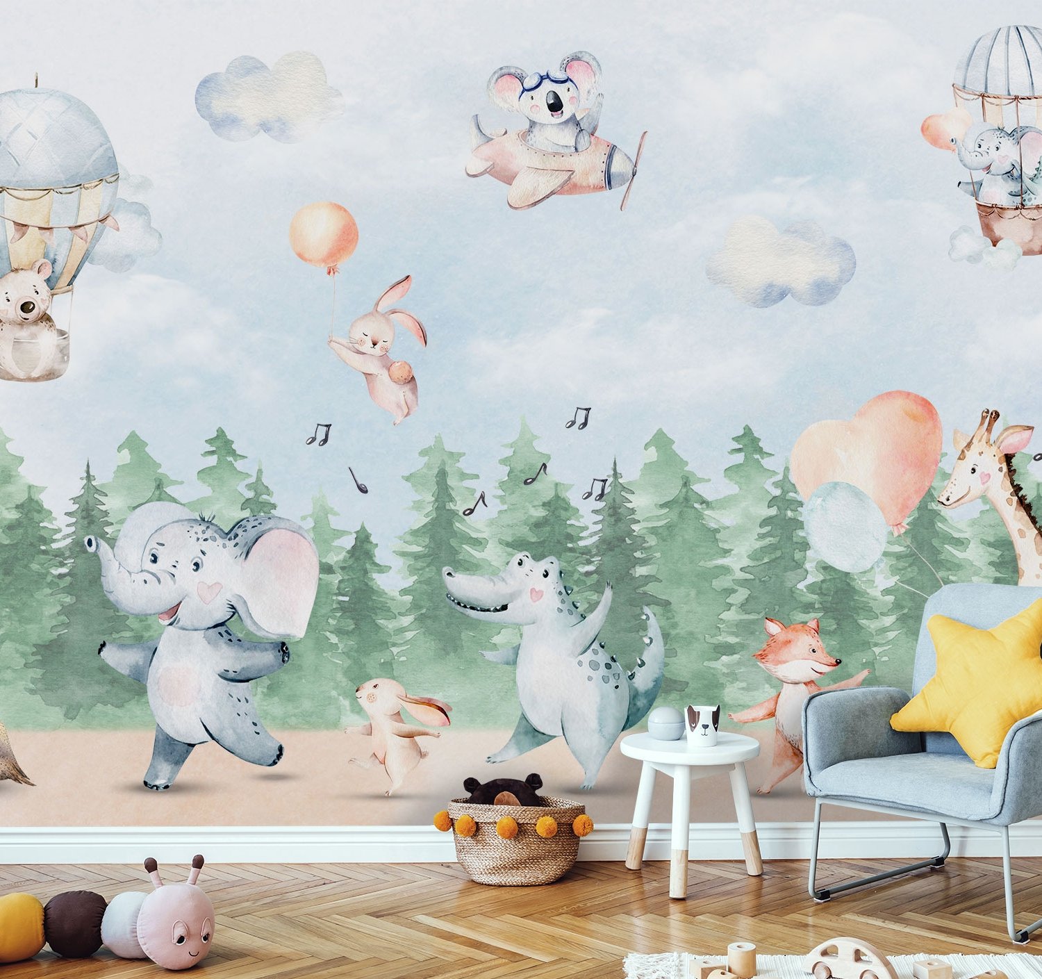 Kids Cute Animals Dancing in the Forest Wallpaper Mural - Peel and Stick