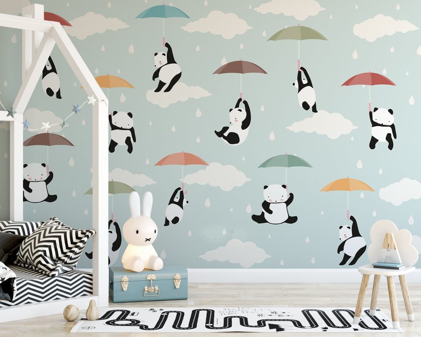 Kinder-Fototapeten mit Pandas und buntem Regenschirm