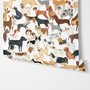 Zoomie kids wallpaper with painted dog breeds in tan, brown, black and grey on white
