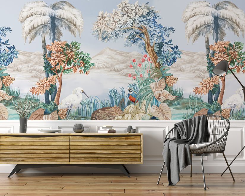 Art Painting Colorful Landscape with Heron Birds Wallpaper Mural