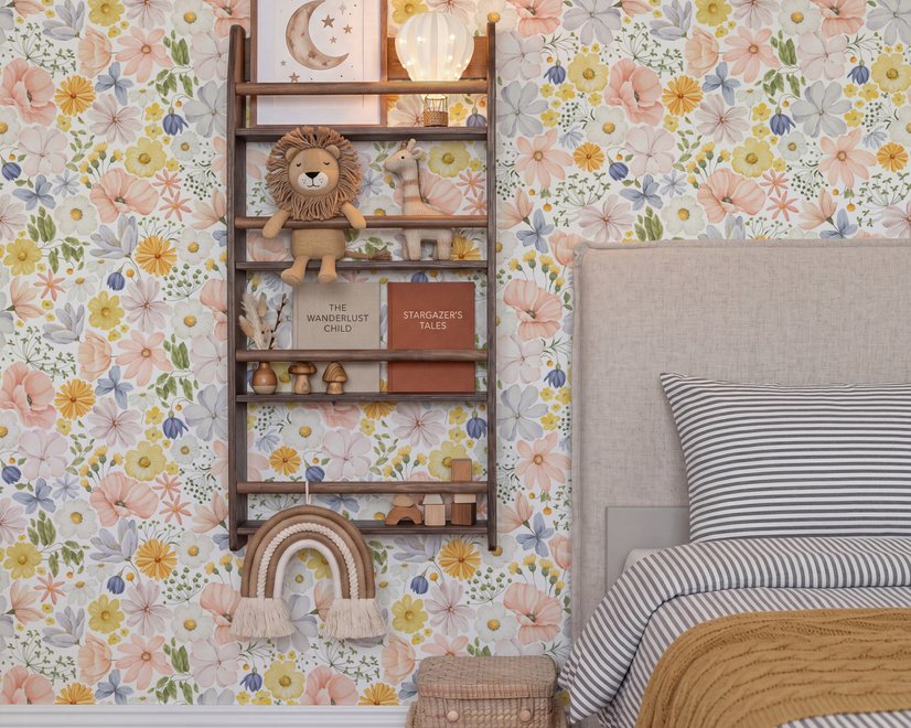 Spring floral wallpaper with pastel watercolour flowers and sage leaves on a clean white ground