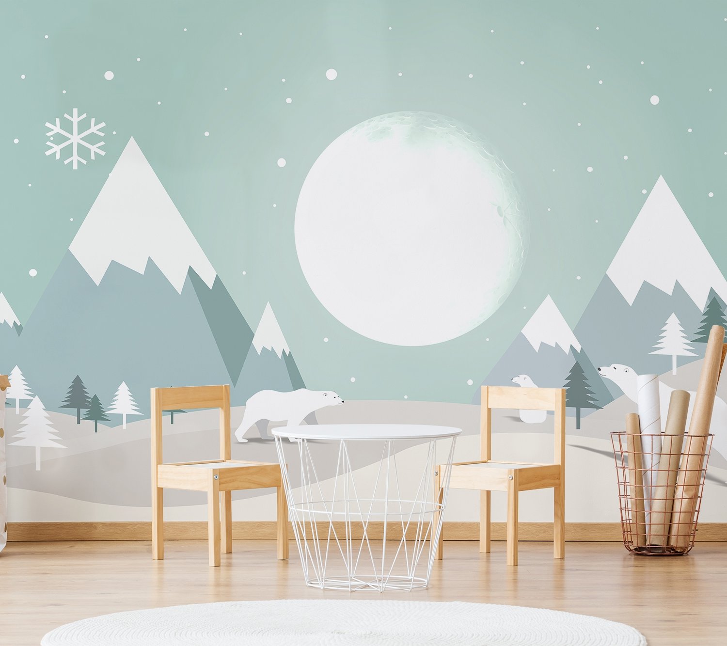 Kids Mountainscape with Cute Bear and Green Skyscape Wallpaper Mural - Peel and Stick