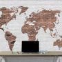 Papier peint panoramique mural cartes du monde en briques blanches et marron