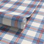 Blue and red plaid wallpaper with denim blue, cream and sky blue woven checks and fine red stripes