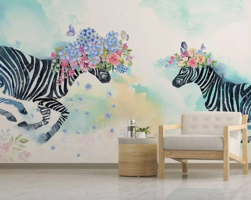Colorful Flowery Zebra Wallpaper Mural