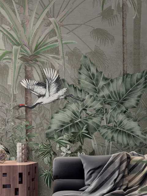 Retro Soft Forest with Stork Wallpaper Mural