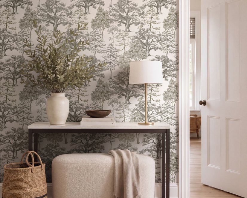Monochrome wallpaper with grey tree toile on a clean white ground