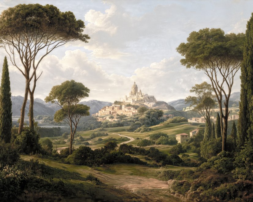 Vintage oil painting wallpaper of cypress trees, villas and a domed cathedral in an Italian landscape