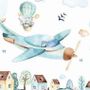 Watercolor Cartoon Village and Airplane Wallpaper Mural