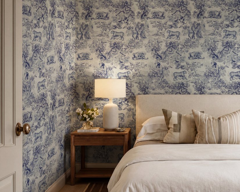 Jungle wallpaper with animals in navy toile, showing tigers, elephants and monkeys on an ivory cream ground