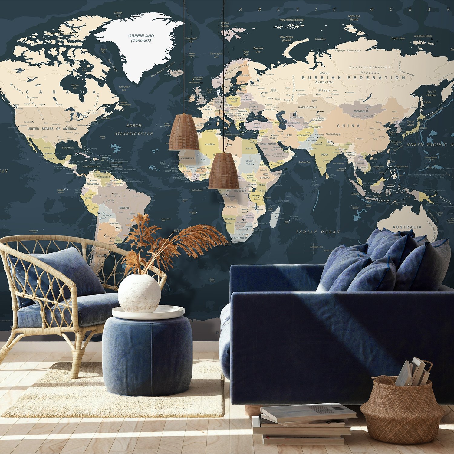 Navy Blue Political World Map Wallpaper Mural - Peel and Stick