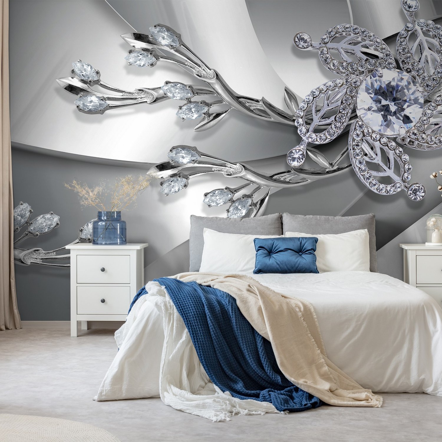 Silver Crystal Daisy Floral Wallpaper Mural - Peel and Stick