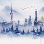 Watercolor Skyscraper Landscape Wallpaper Mural
