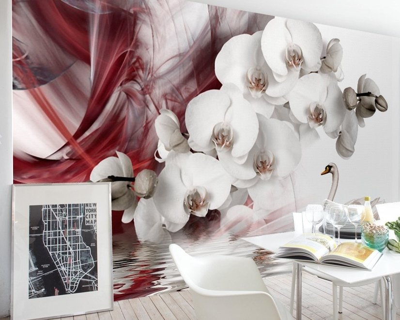 Swan and White Orchid with Red Smoke Pattern Wallpaper Mural