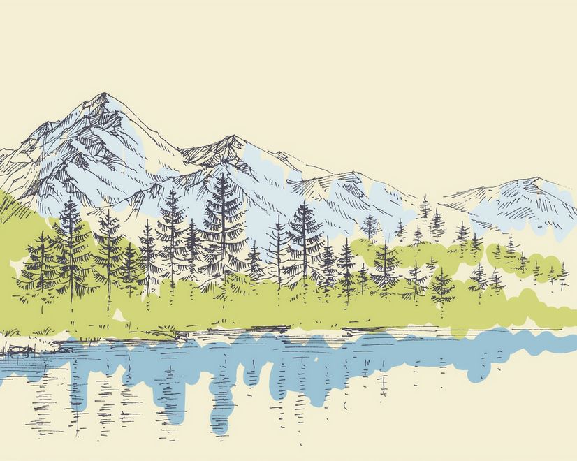 Charcoal Mountain Landscape with Lake and Pine Trees Wallpaper Mural