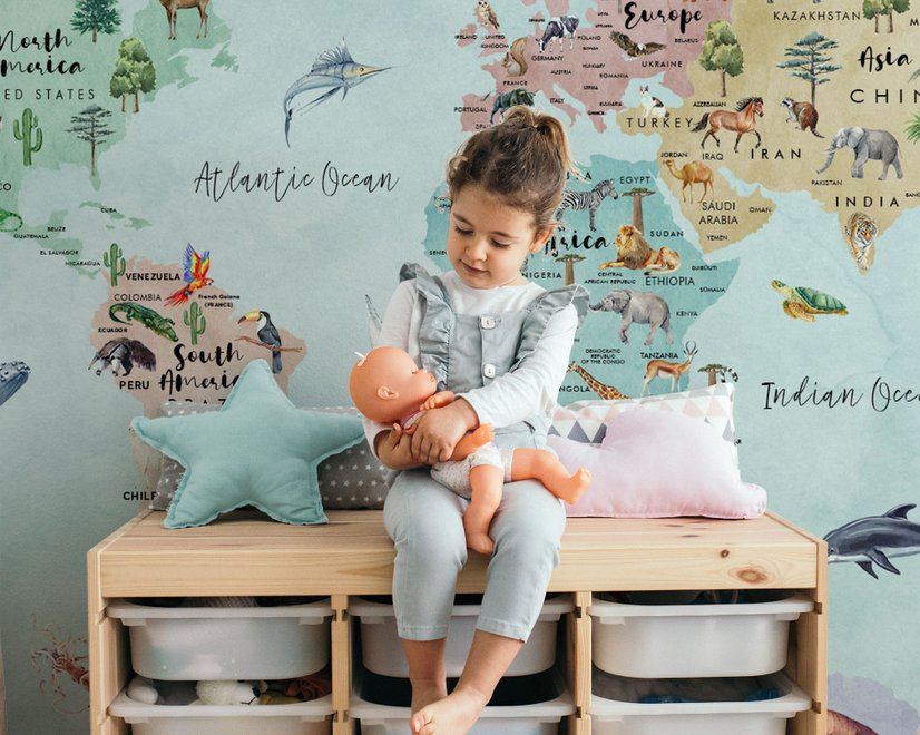 Kids Watercolor World Map Wallpaper Mural