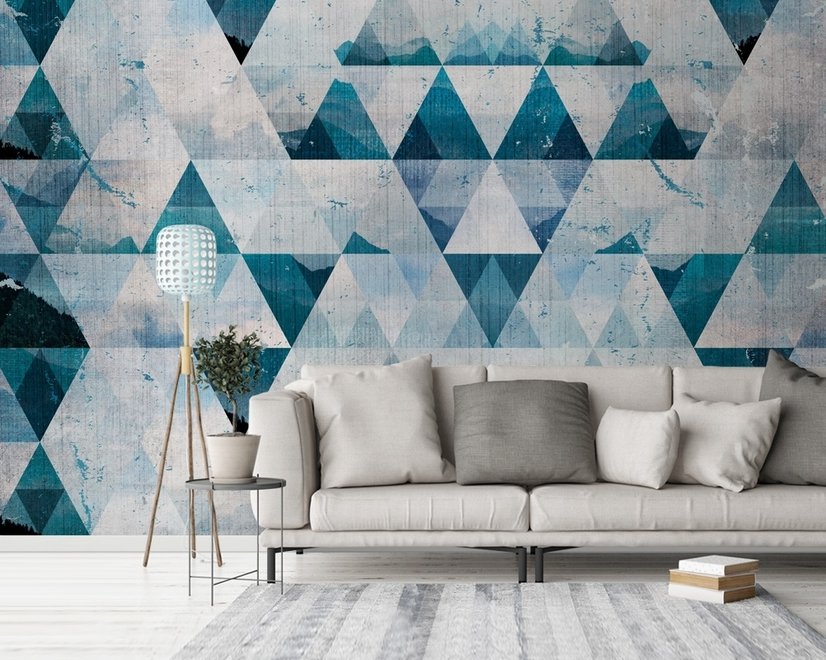 Papier peint panoramique géométrique bleu à motif Trigon