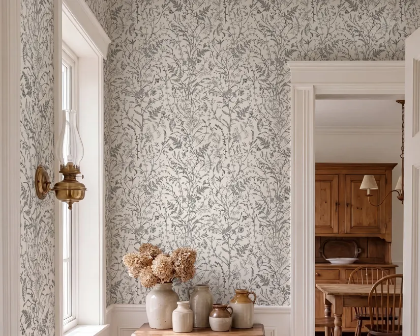 Black outline botanical wallpaper with charcoal wildflowers and grasses on a warm ivory cream ground