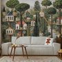 Architectural design wallpaper mural of forest treehouses, rivers, boats and small figures in green watercolour
