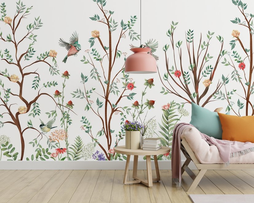 Papier peint fleurs printemps oiseaux arbres