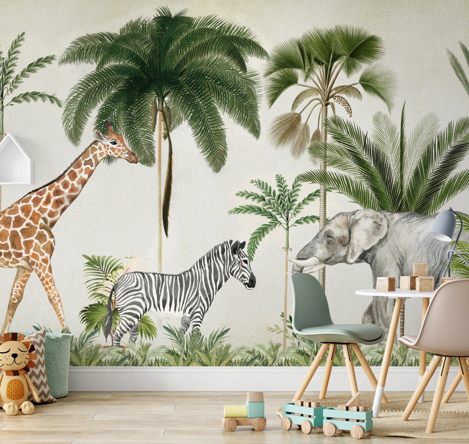 Kids Wild Tropical Animals with Palm Trees Wallpaper Mural - Peel and Stick