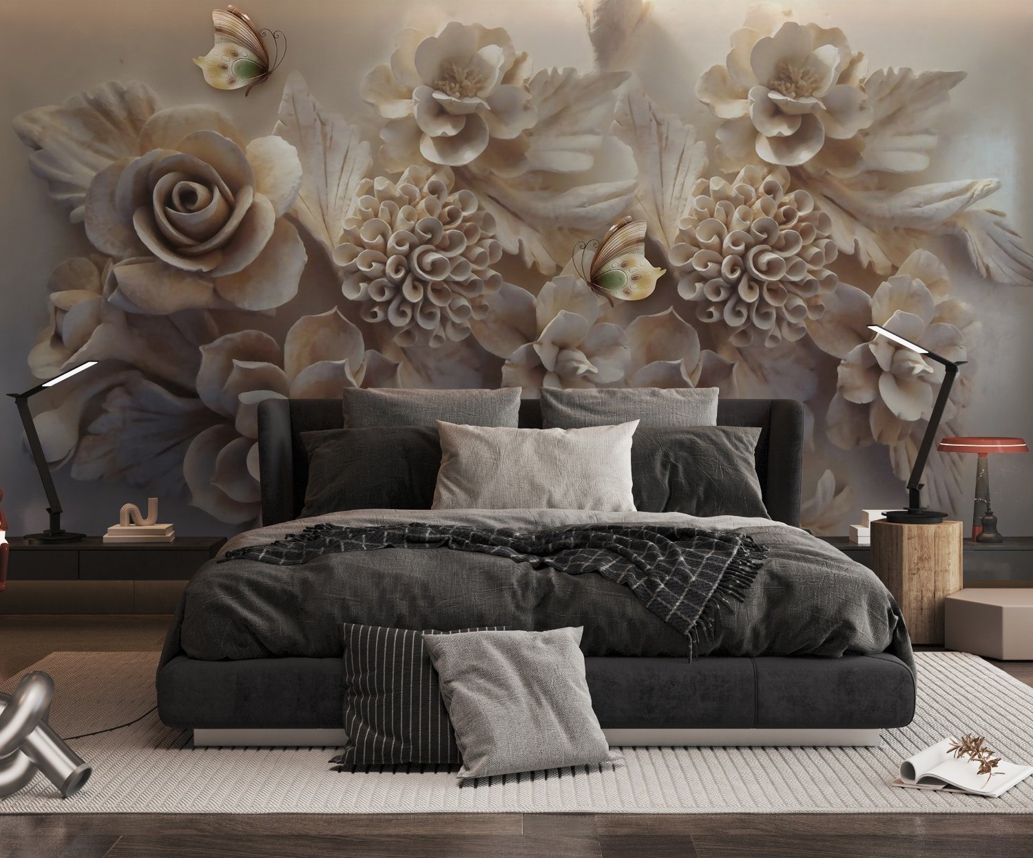 3D Look Faux Embossed Floral Wallpaper Mural - Peel and Stick